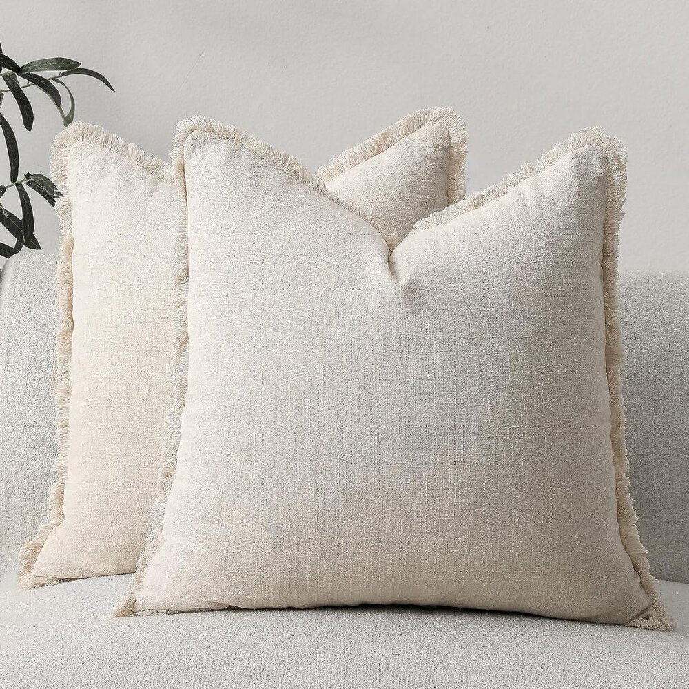 Throw Pillow Beige Covers with Tassels Fringe Neutral Farmhouse Set Of 2 20x20
